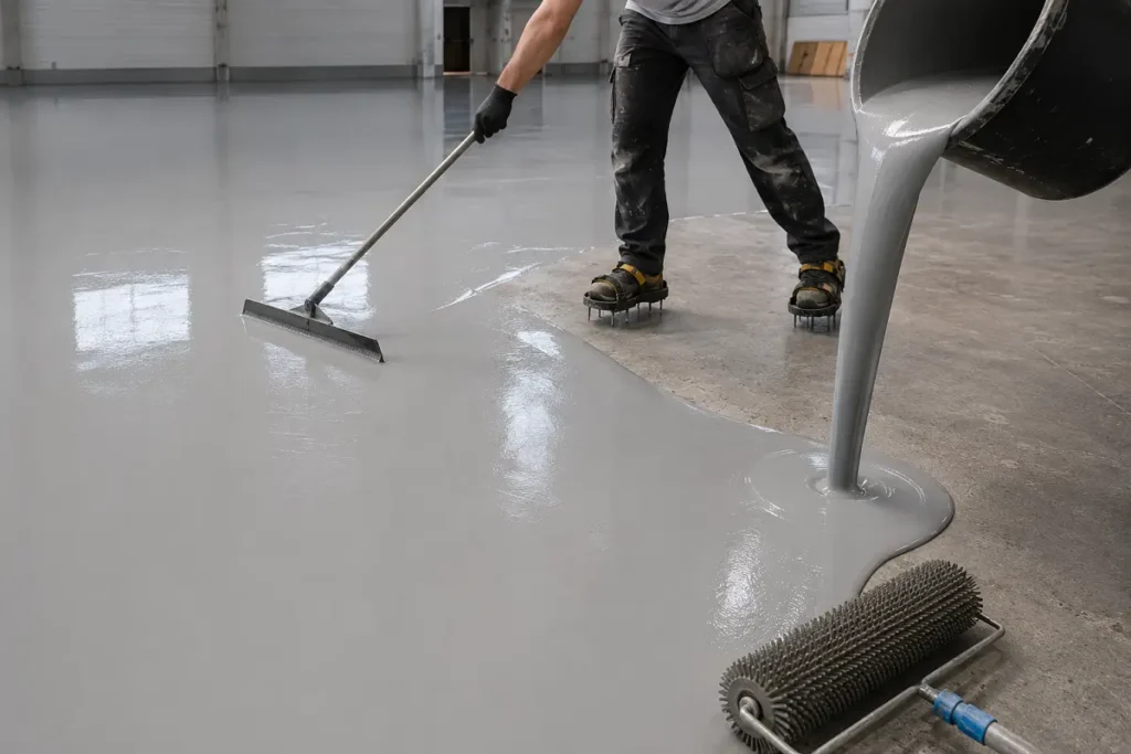 Self-levelling epoxy resin being poured and spread into a continuous industrial floor