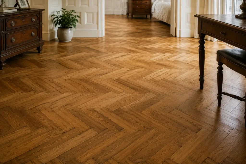 Classic solid wood parquet floor laid in a herringbone pattern