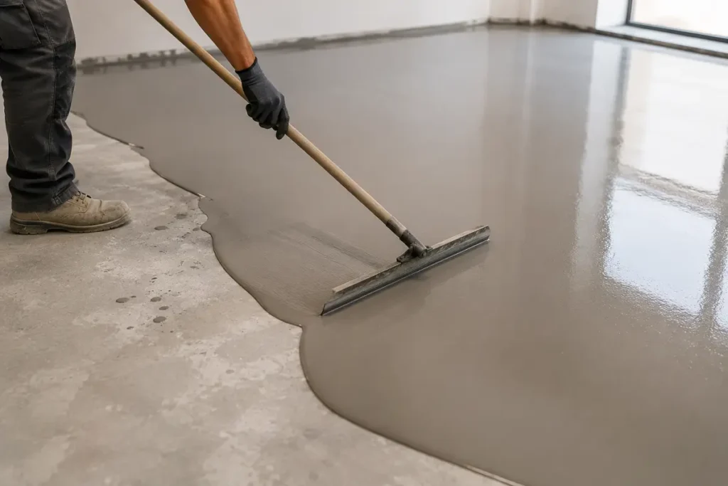 Self-levelling compound being spread to prepare a clean, flat subfloor for flooring