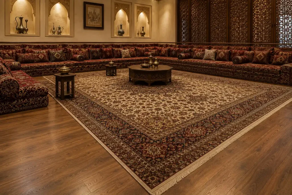 A traditional UAE majlis with low floor seating and a large anchor rug over a warm floor