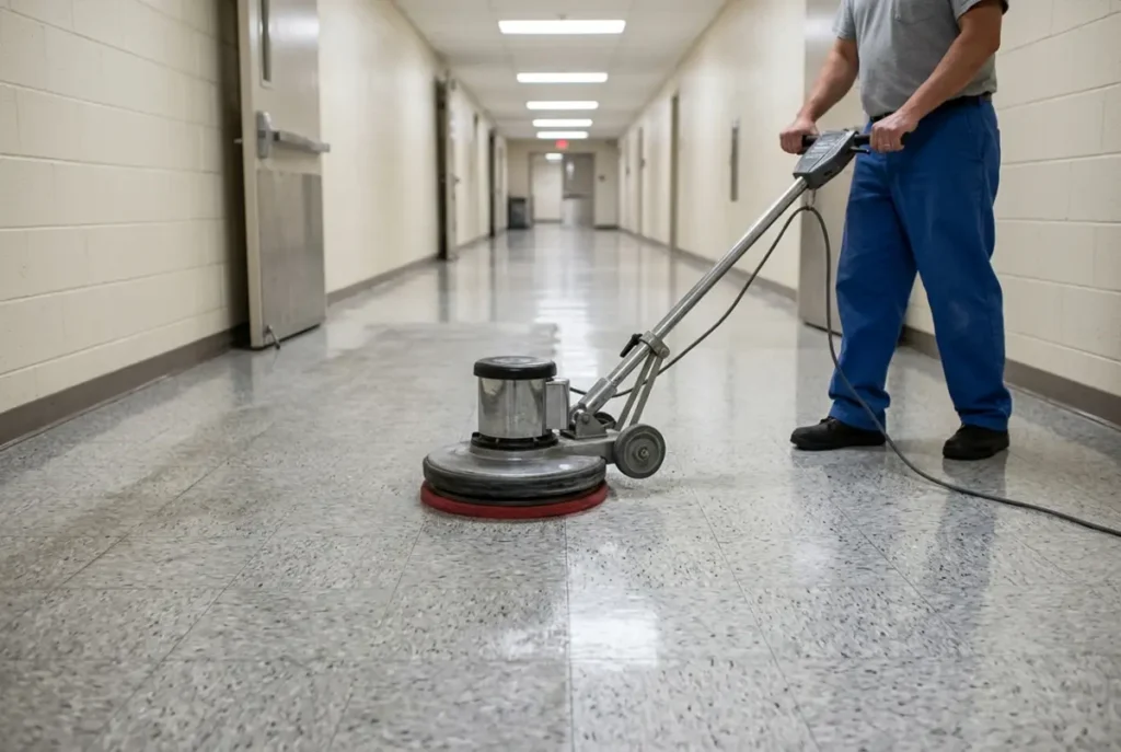 A speckled VCT floor being machine-buffed during strip-and-wax maintenance