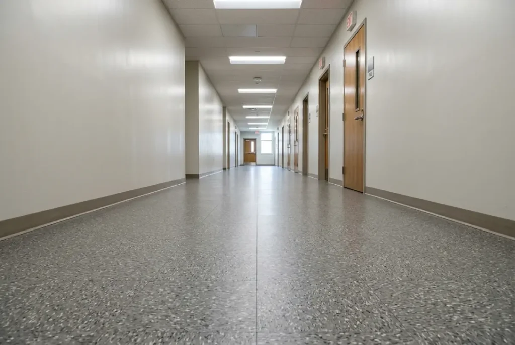 Hard-wearing speckled VCT floor down a school or hospital corridor
