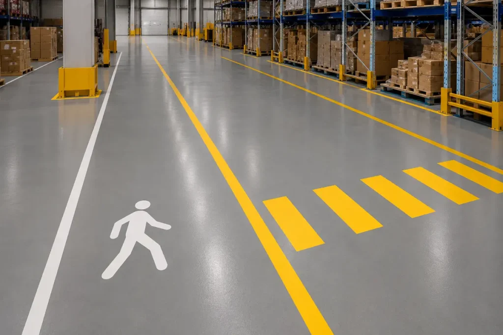 Painted line markings on a resin warehouse floor separating walkways from forklift lanes