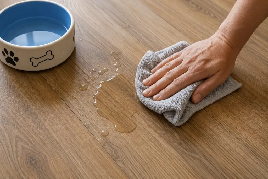 A spill being wiped cleanly off a waterproof wood-look vinyl floor with a cloth