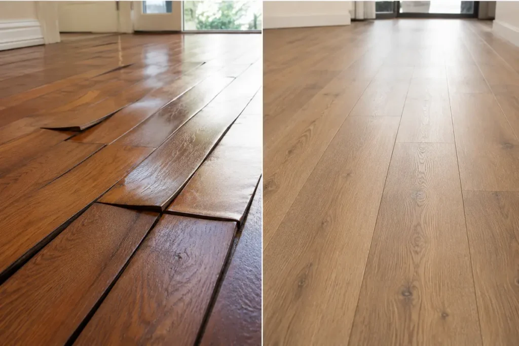 A cupped, gapped solid-wood floor beside a flat, stable rigid vinyl floor