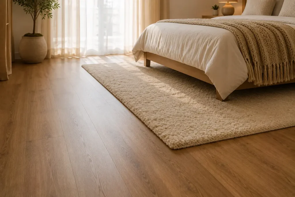 A warm wood-look floor with a soft rug beside the bed in a UAE bedroom