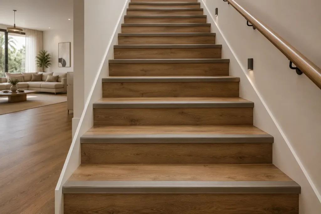 A warm wood-look staircase with a defined anti-slip nosing on every tread