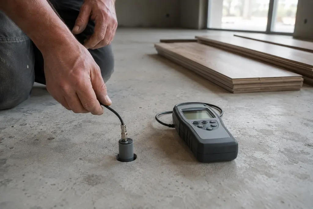 In-situ humidity probe set into a concrete slab with wood planks acclimatising behind