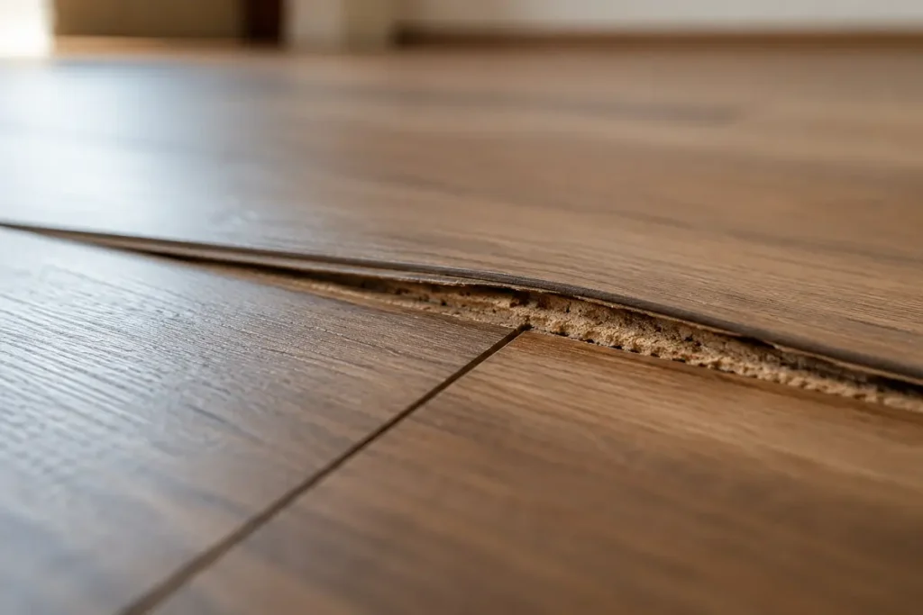 Swollen and lifted laminate board edge along a joint after water reached the core