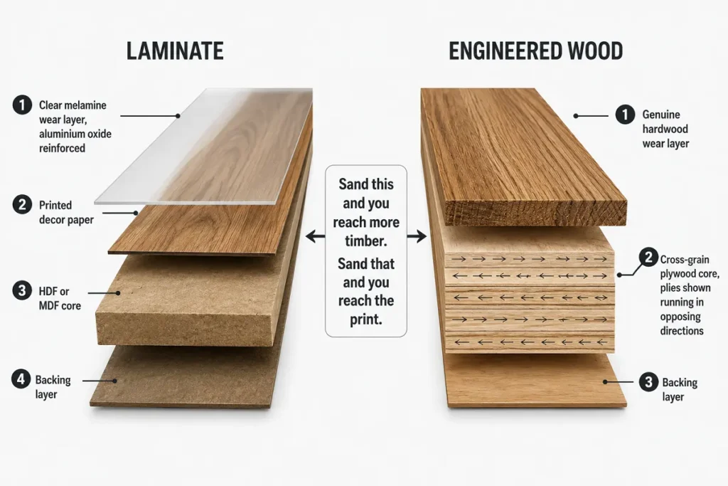 Cross-section diagram comparing laminate and engineered wood board layers side by side