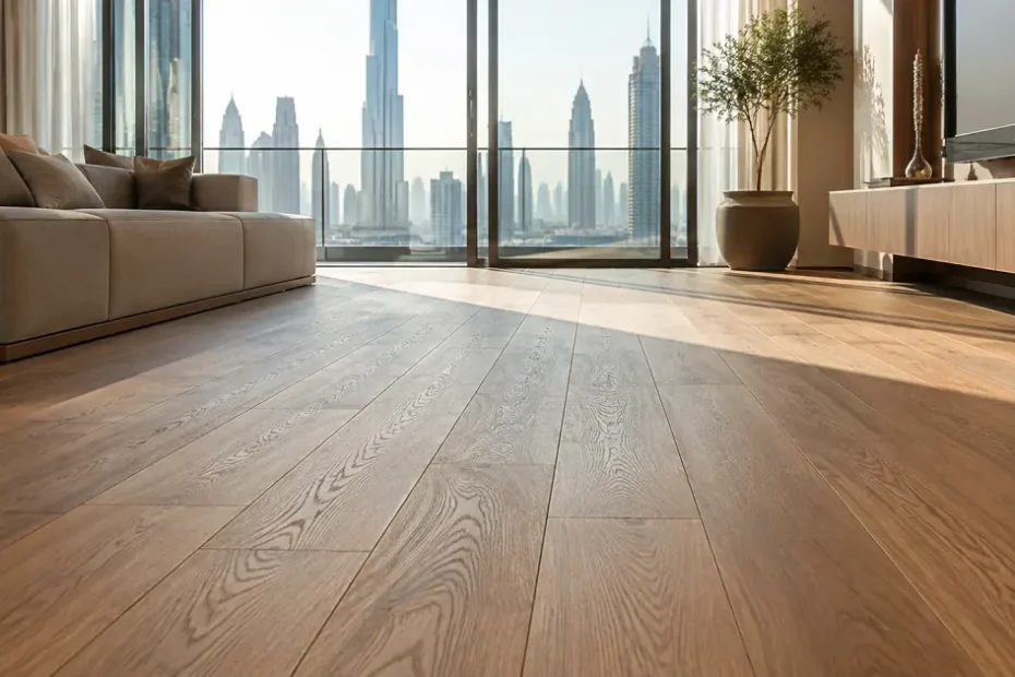 Warm oak-toned wood plank flooring in a sunlit modern Dubai apartment living room