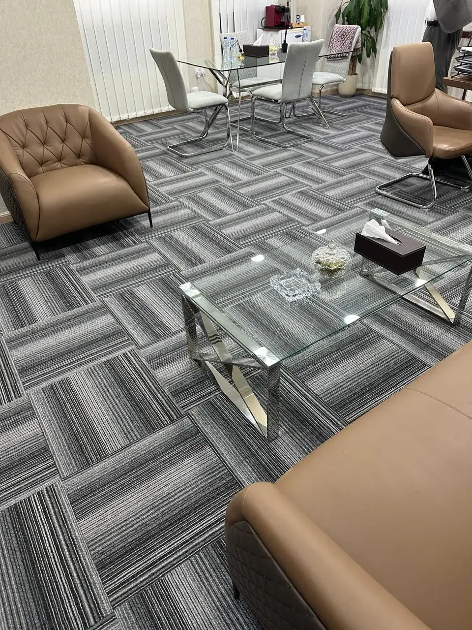 Striped grey carpet tiles in an office reception lounge, Al Nahyan Abu Dhabi
