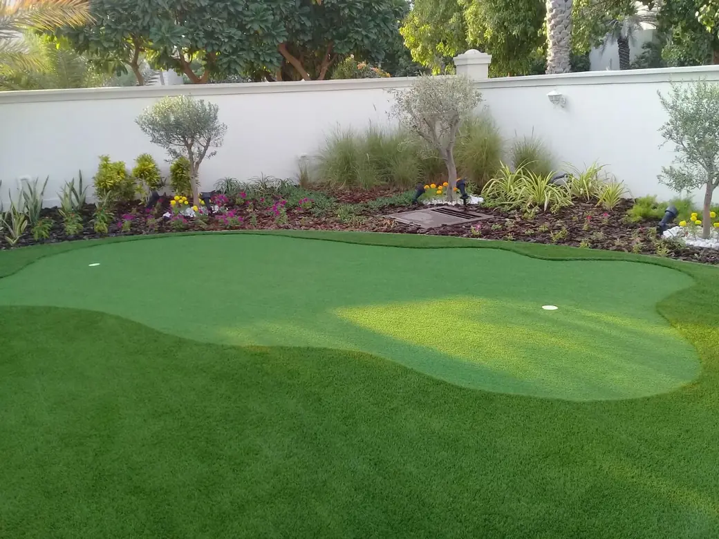 Artificial grass putting green with two cups set into a Dubai villa garden, edged by planting and olive trees