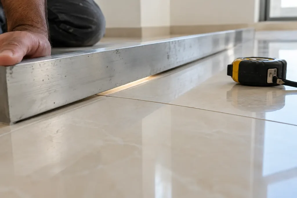 Checking a tiled floor for flatness with a straight edge before laying a new floor