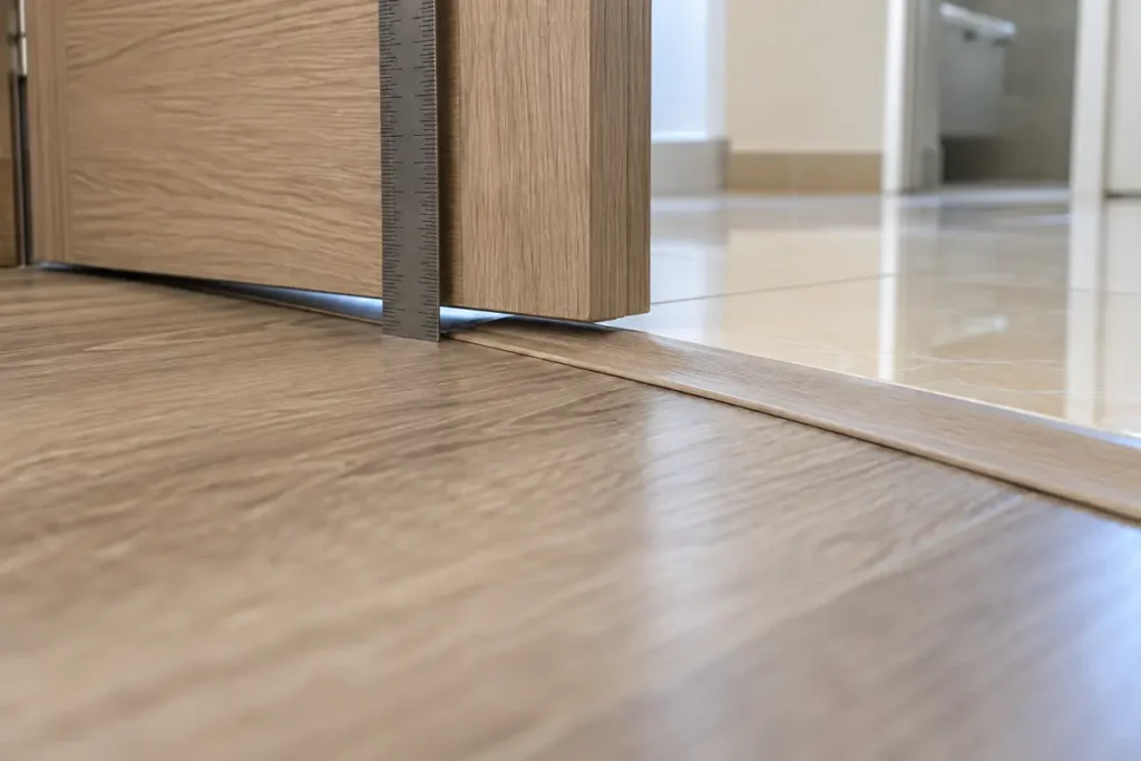 Gap under a door and a threshold strip after a new floor was laid over tiles