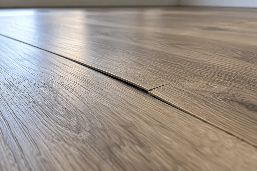 A plank joint that has opened and lifted on a fitted floor after installation