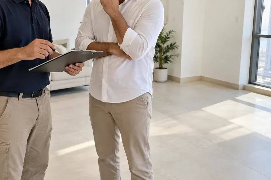 Flooring surveyor and customer going through the measurement sheet in a Dubai apartment