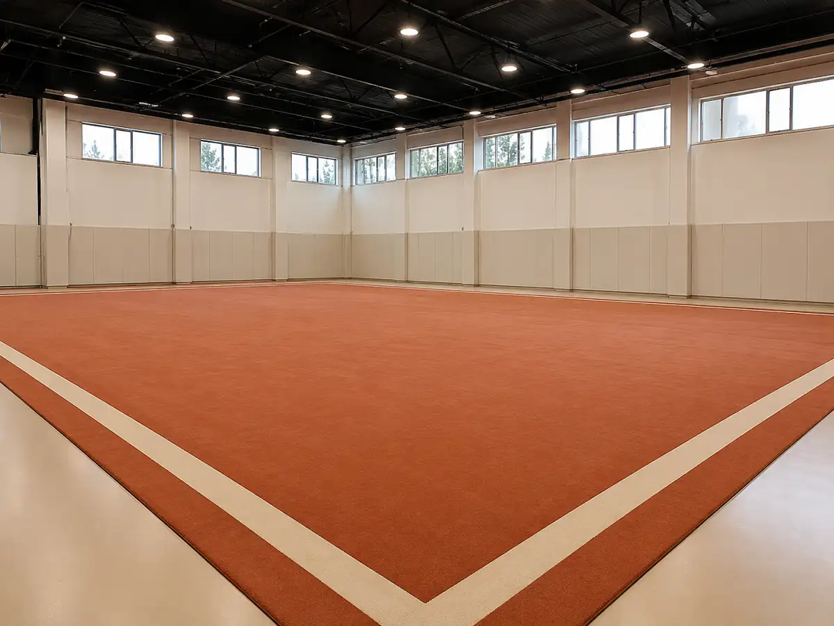 Empty gymnastics hall with a sprung floor and a carpet-bonded foam tumbling surface