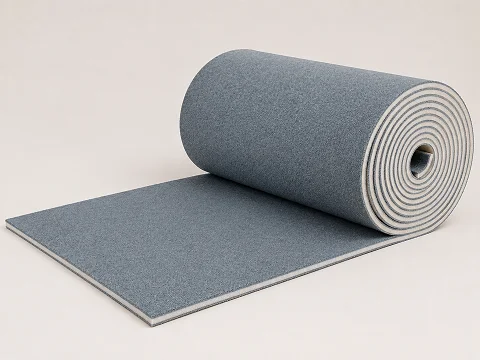 Roll-out tumbling mat partly unrolled, showing foam under a bonded carpet top