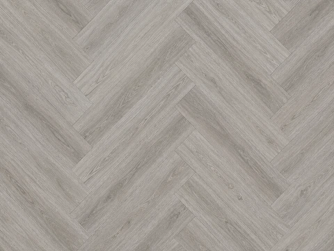 SPC herringbone flooring in a grey oak tone, shown flat
