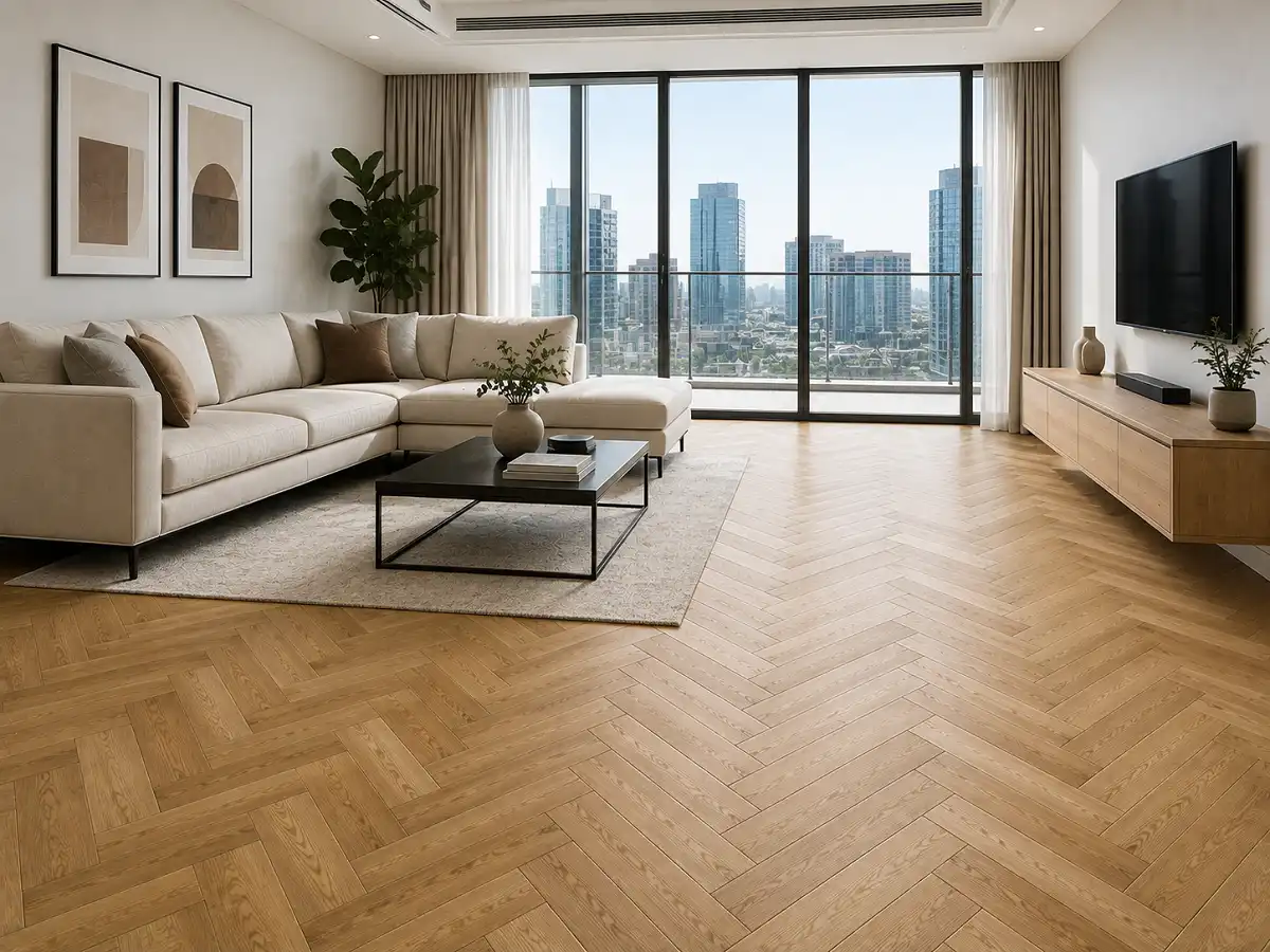 SPC herringbone flooring in a warm oak tone laid across a bright modern living room