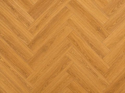 SPC herringbone flooring in a honey oak tone, shown flat