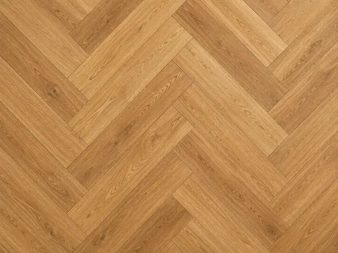 SPC herringbone flooring in a natural oak tone, shown flat