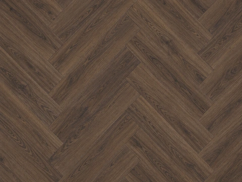 SPC herringbone flooring in a smoked oak tone, shown flat