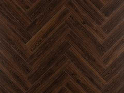 SPC herringbone flooring in a deep walnut tone, shown flat