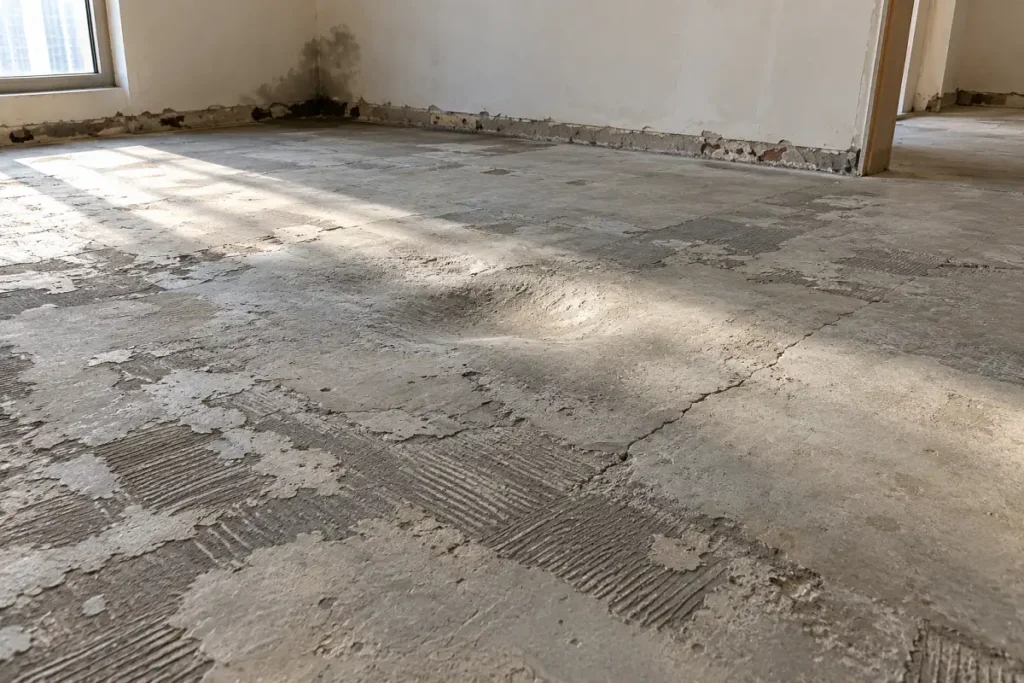 Bare concrete subfloor with old adhesive and an uneven patch exposed during a renovation